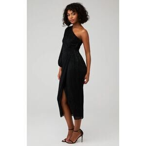 Saylor Midi Dress Alora Plissé One Shoulder SlitHem Black Metallic Size M0